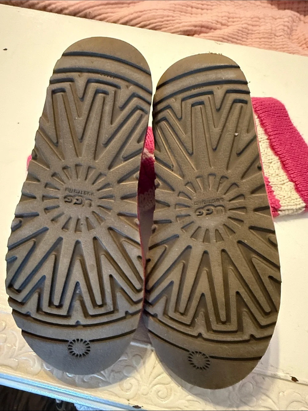 UGG Kids Hot Pink & Cream Striped Knit Slippers